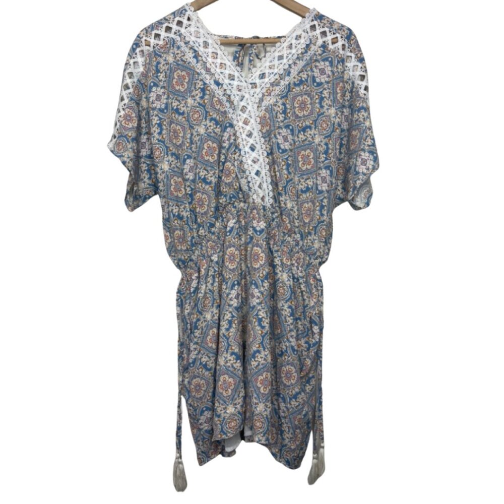 DAVI & DANI | Women's Boho Lace Trim Short Sleeve V-Neck Lined Romper | Size L - Picture 1 of 14